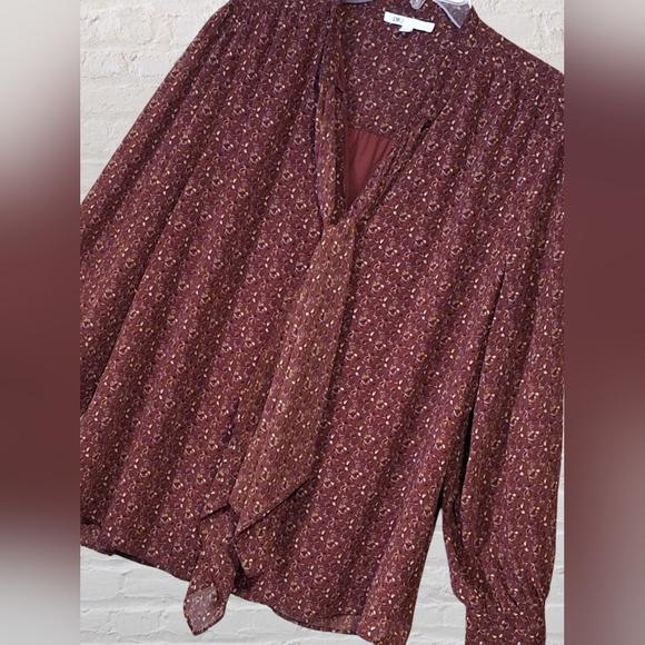 'DR 2' by Daniel Rainn burgundy blouse lined, flowers, tie neck, Sz. XXL - Picture 4 of 7